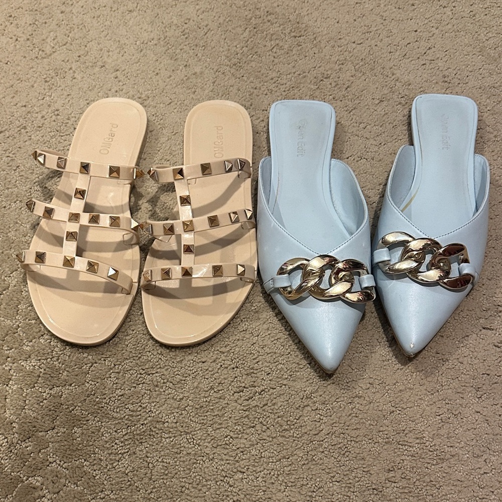 Studded Nude Slide Sandals & Light Blue Chain-Accent Mules - Women’s Flats Set